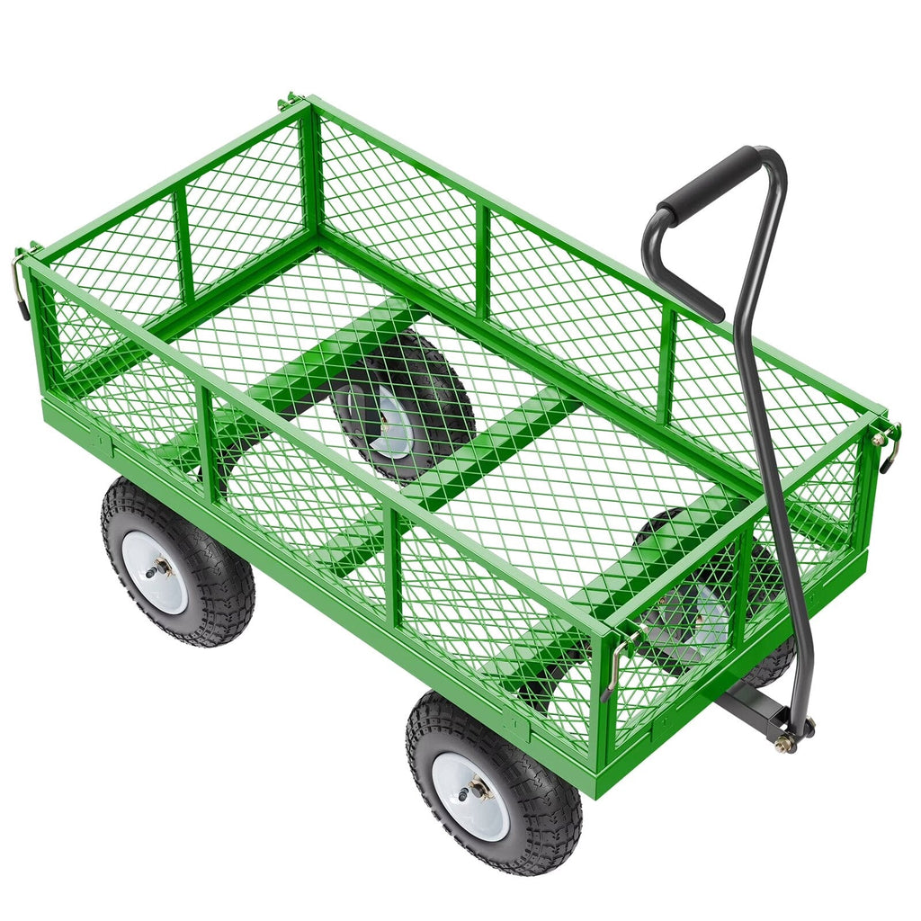 KFFKFF Mesh Steel Garden Cart 900 Lbs, 38 x 22 " Heavy Duty Utility Wagon Cart, Metal Garden Trolley with 10" Wheels, Removable Mesh Sides, 180 Swiveling Handle (Green)