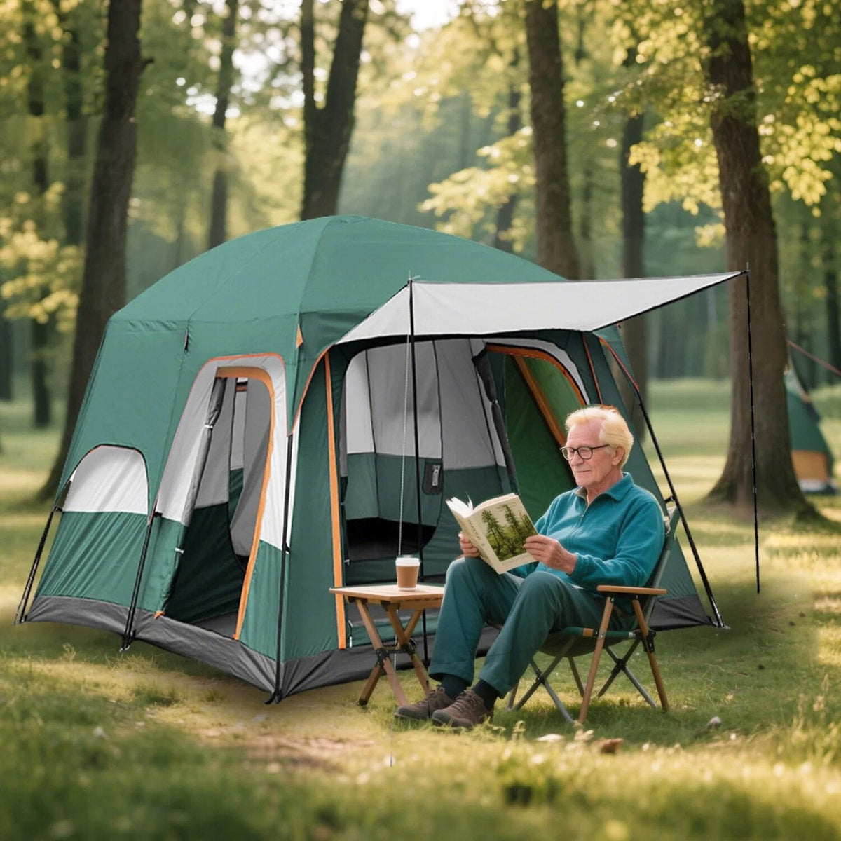 KFeng 12 Person Tents for Camping - 2Rooms 3Doors&amp;3Windows Mesh,Suitable for Outdoor/Picnic,Brown