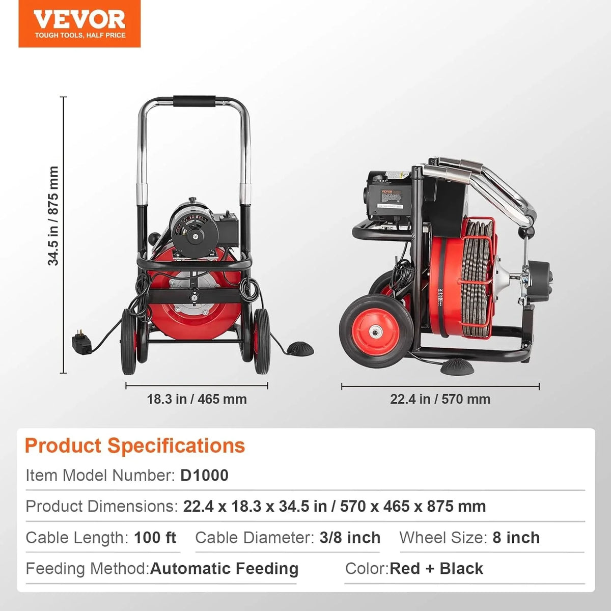 VEVOR Drain Cleaner Machine 100FT x 1/2 Inch, 550W, Red + Black - Drain Cleaner Machine 100 FT x 1/2 Inch