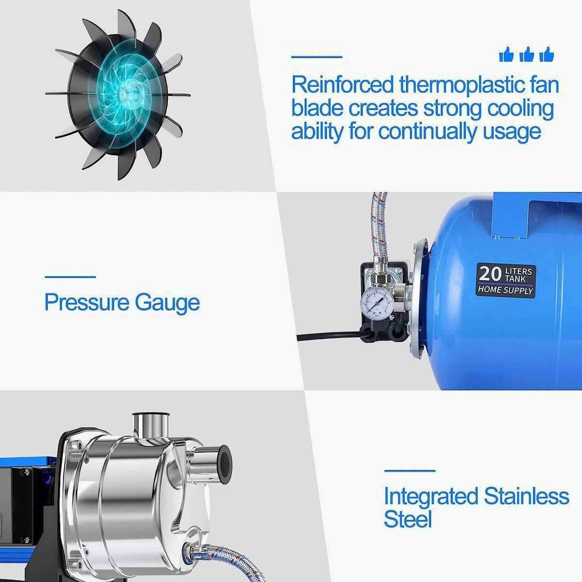 1.6HP Shallow Well Pump with Pressure Tank 1268 GPH Stainless Steel Jet Pump Transfer Drainage Booster Pump Garden Sprinkler System Water Pump for Home Garden Lawn Irrigation