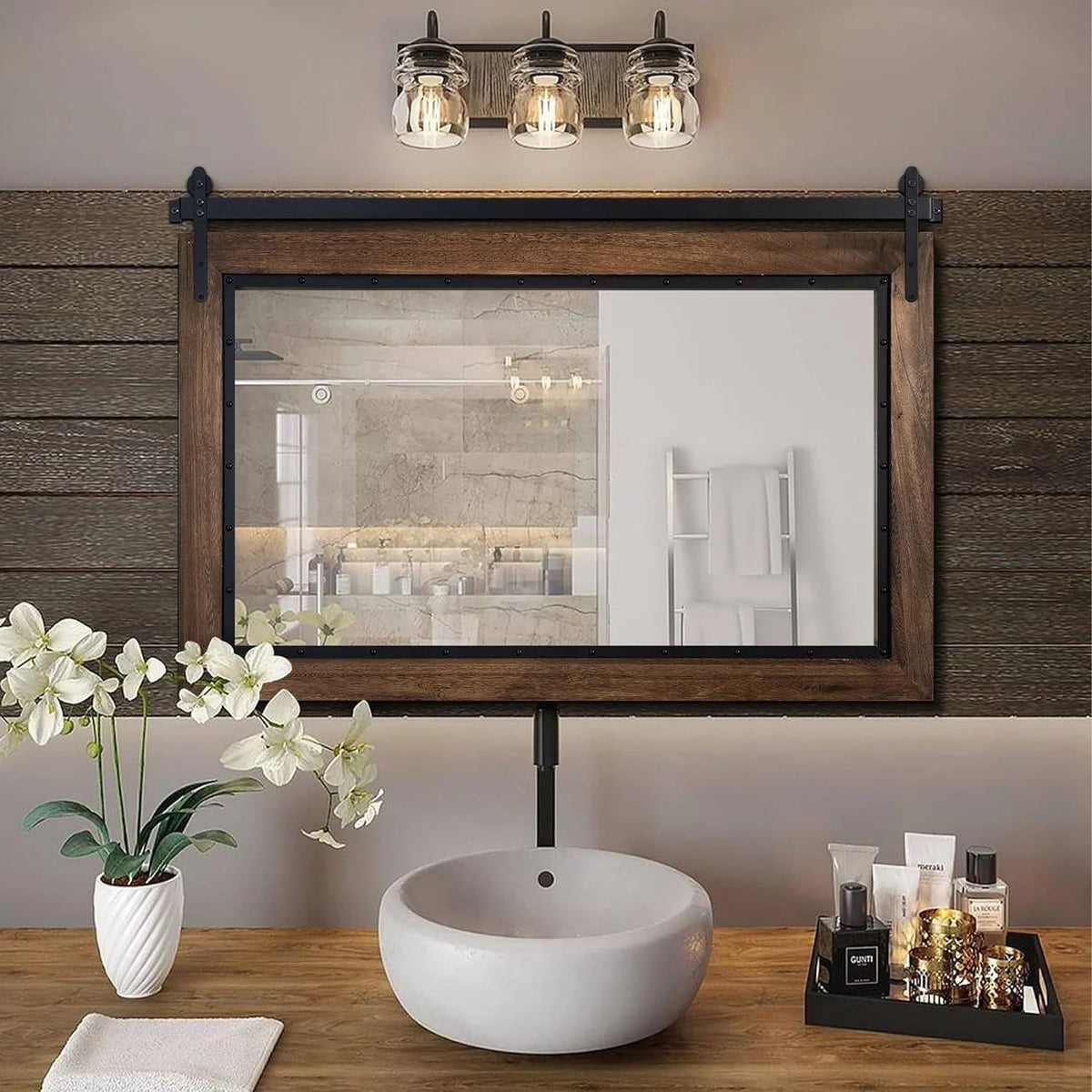 Farmhouse Barn Door Style Bathroom Vanity Mirror, Natural Wood, 24in W x 32in H x 1.25in D to 48in W x 30in H x 1.25in D