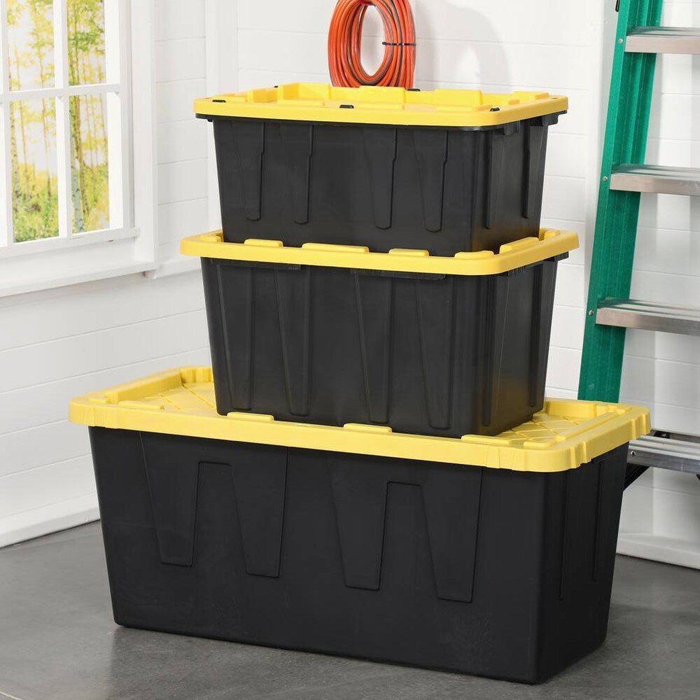 HDX 27-Gallon Black Stackable Waterproof Storage Tote with Yellow Lid, 5-Pack