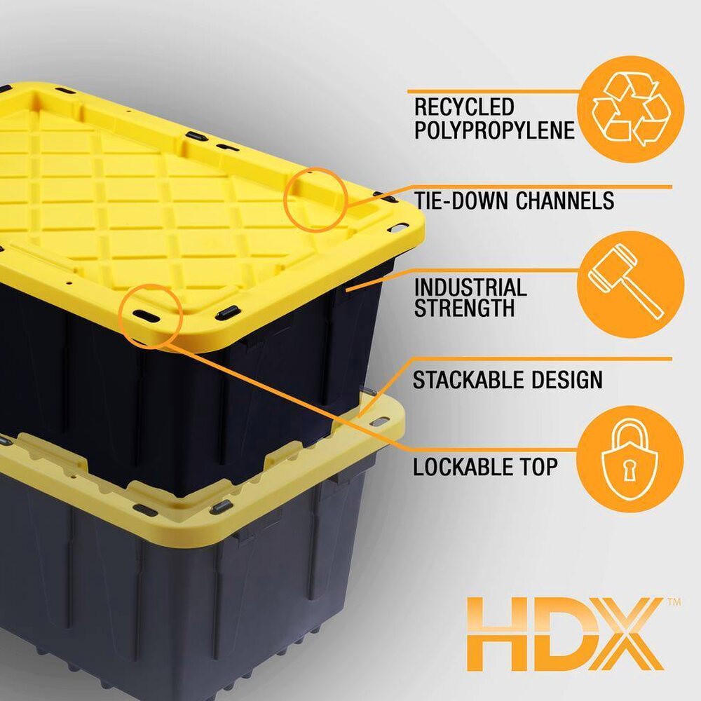 HDX 27-Gallon Black Stackable Waterproof Storage Tote with Yellow Lid, 5-Pack