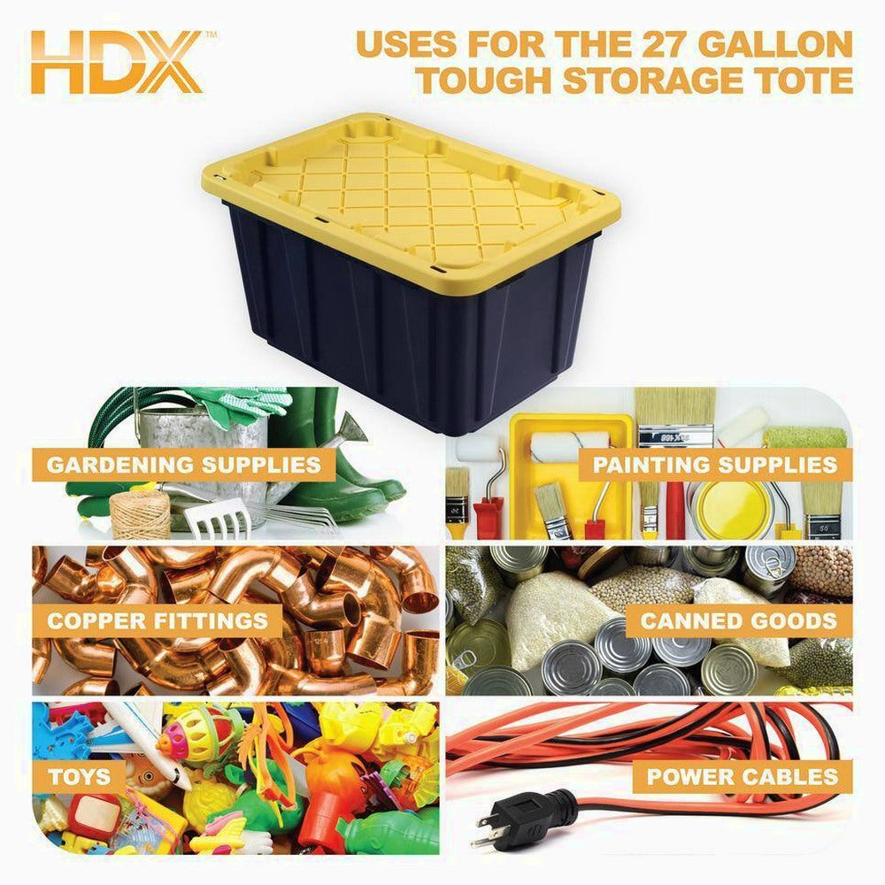 HDX 27-Gallon Black Stackable Waterproof Storage Tote with Yellow Lid, 5-Pack