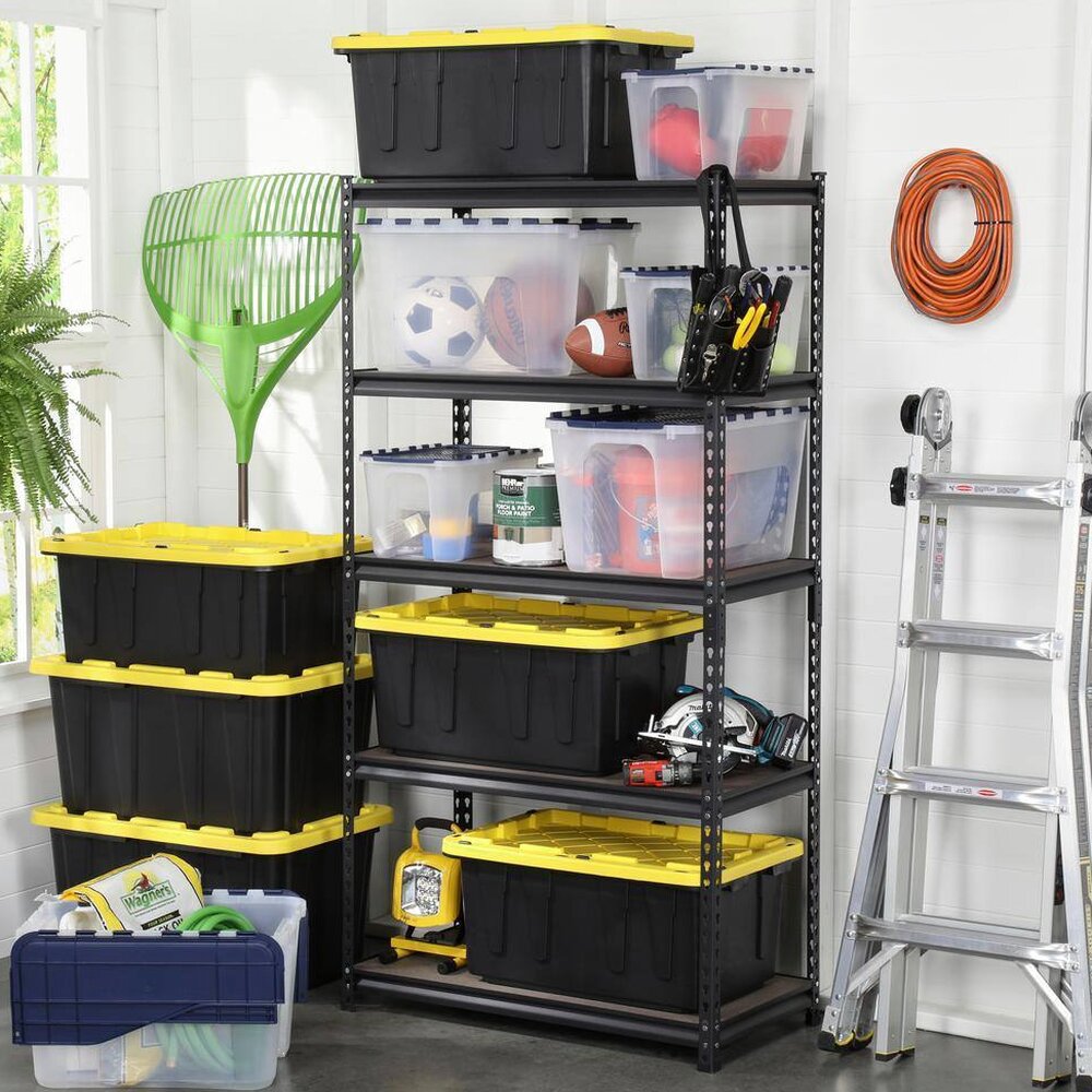 HDX 27-Gallon Black Stackable Waterproof Storage Tote with Yellow Lid, 5-Pack