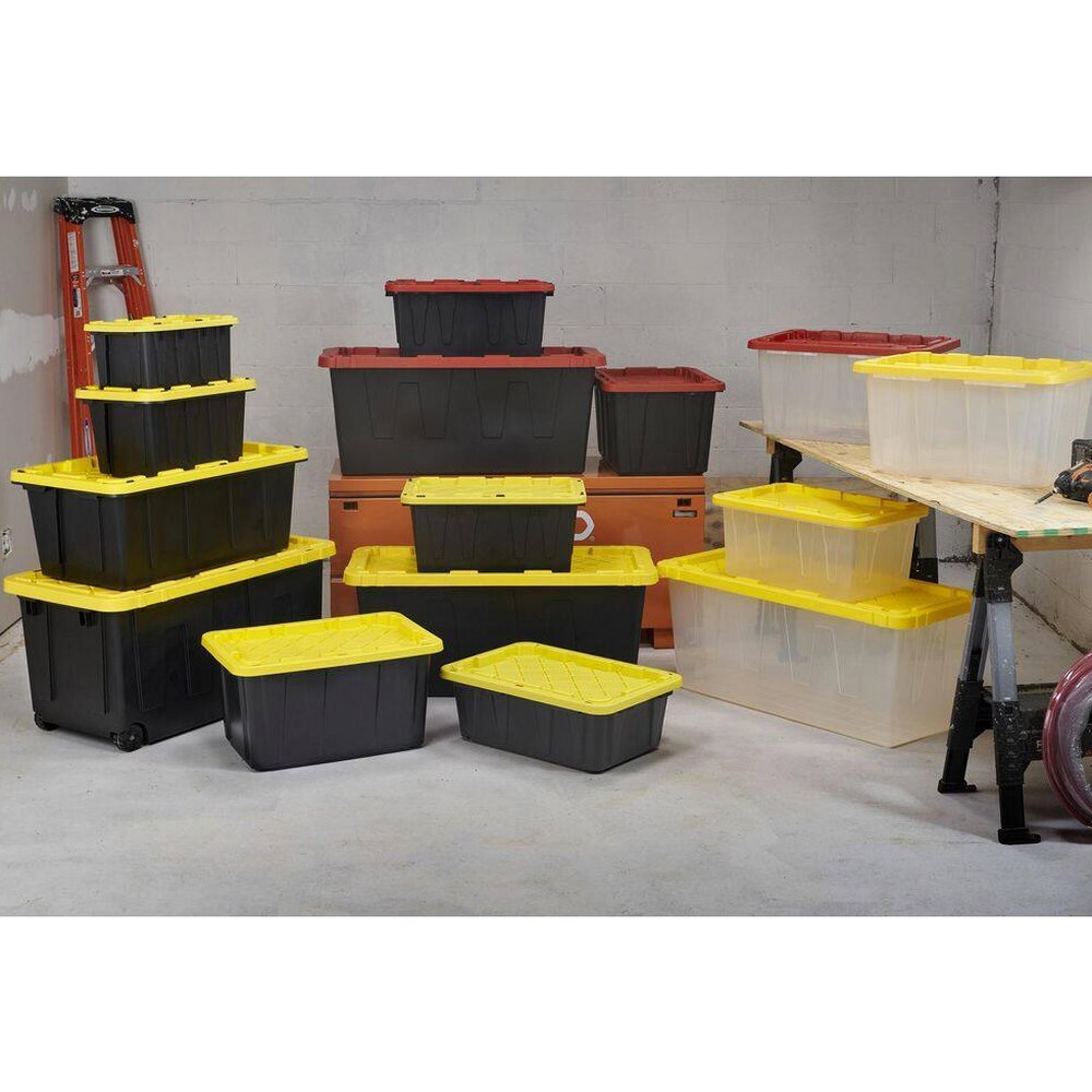 HDX 27-Gallon Black Stackable Waterproof Storage Tote with Yellow Lid, 5-Pack