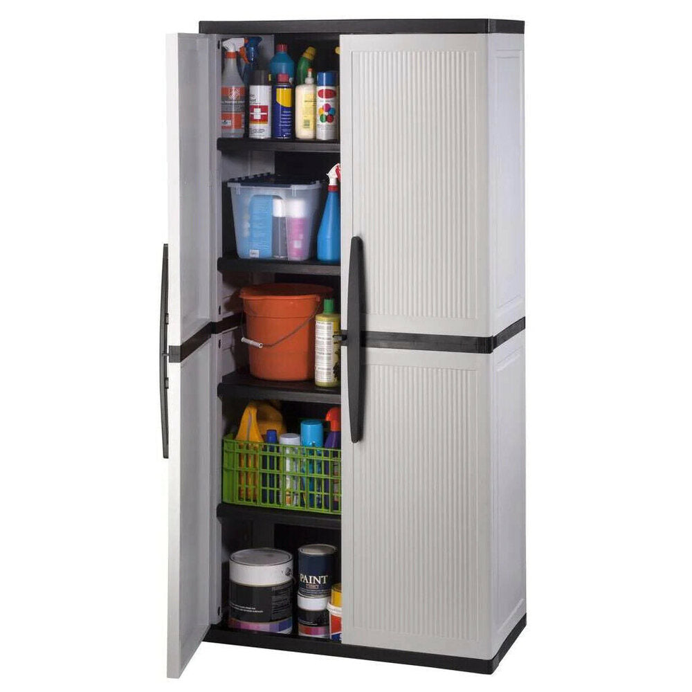 HDX Gray Plastic Freestanding Garage Cabinet with Adjustable Shelves &amp; Lockable Doors, 35"W x 71"H x 18"D