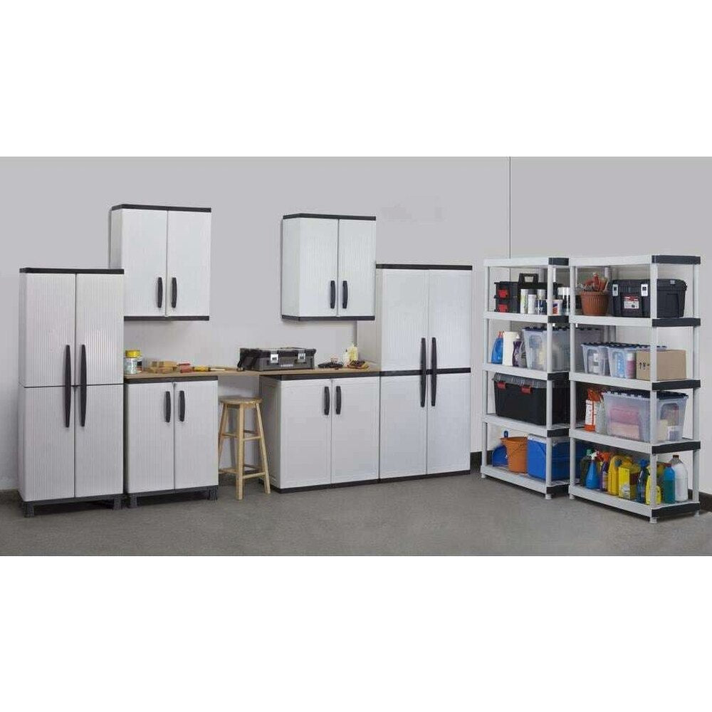 HDX Gray Plastic Freestanding Garage Cabinet with Adjustable Shelves &amp; Lockable Doors, 35"W x 71"H x 18"D
