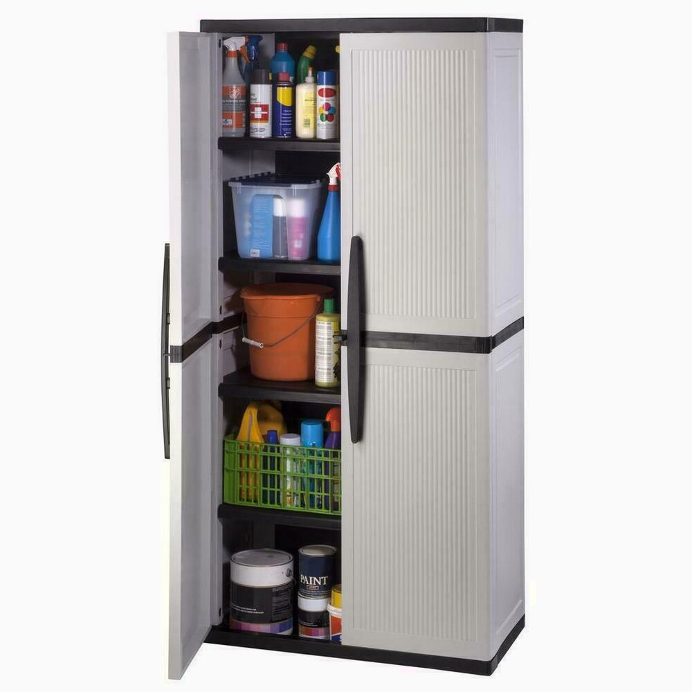HDX Gray Plastic Freestanding Garage Cabinet with Adjustable Shelves &amp; Lockable Doors, 35"W x 71"H x 18"D