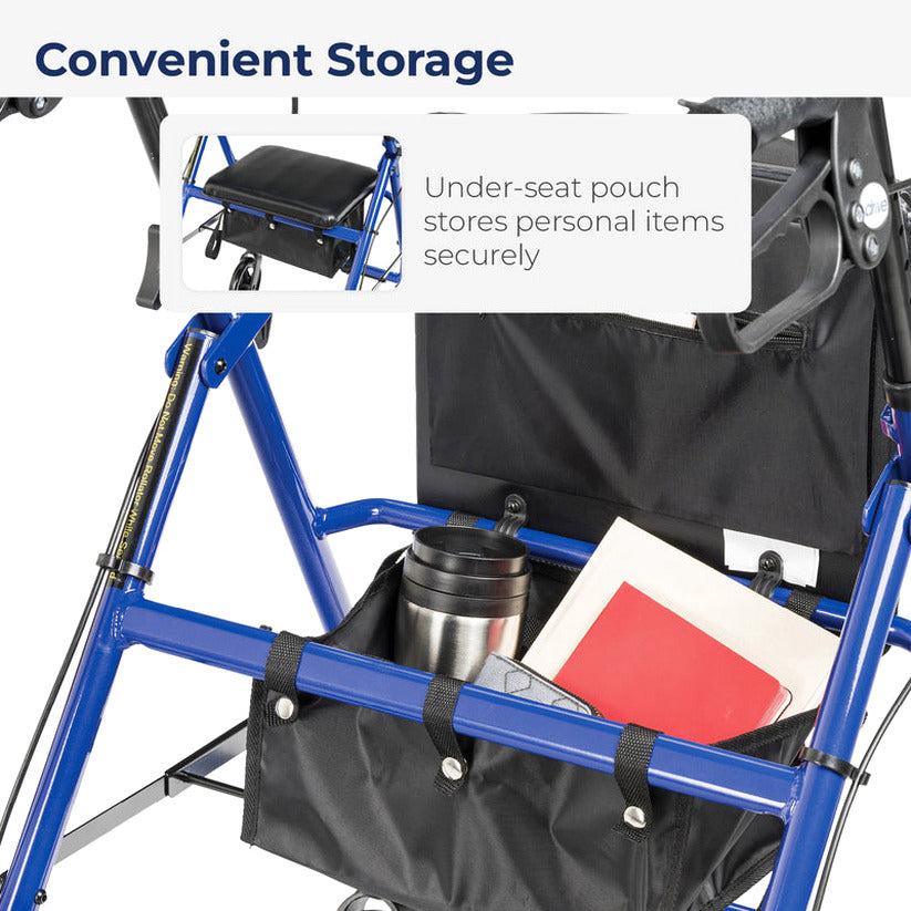 Drive Medical 4-Wheel Rollator Walker, Foldable, Padded Seat &amp; Backrest, 6-Inch Wheels, Blue