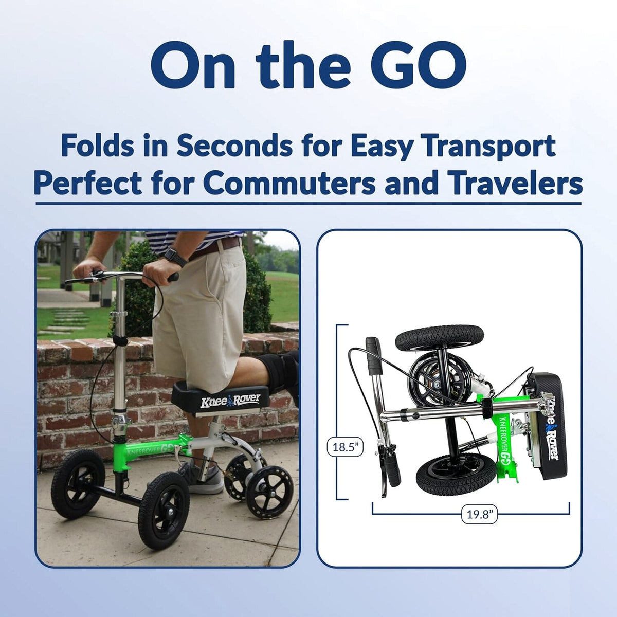 KneeRover GO HYBRID All Terrain Compact Knee Scooter for Adults - Race Car Green, Adjustable, Heavy Duty, Ideal for Foot Injuries and Recovery