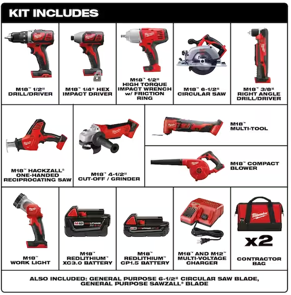 Milwaukee M18 18V Lithium-Ion Cordless 10-Tool Combo Kit with Batteries and Charger