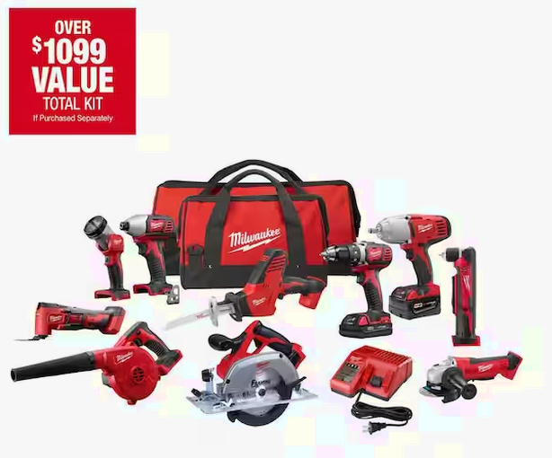 Milwaukee M18 18V Lithium-Ion Cordless 10-Tool Combo Kit with Batteries and Charger