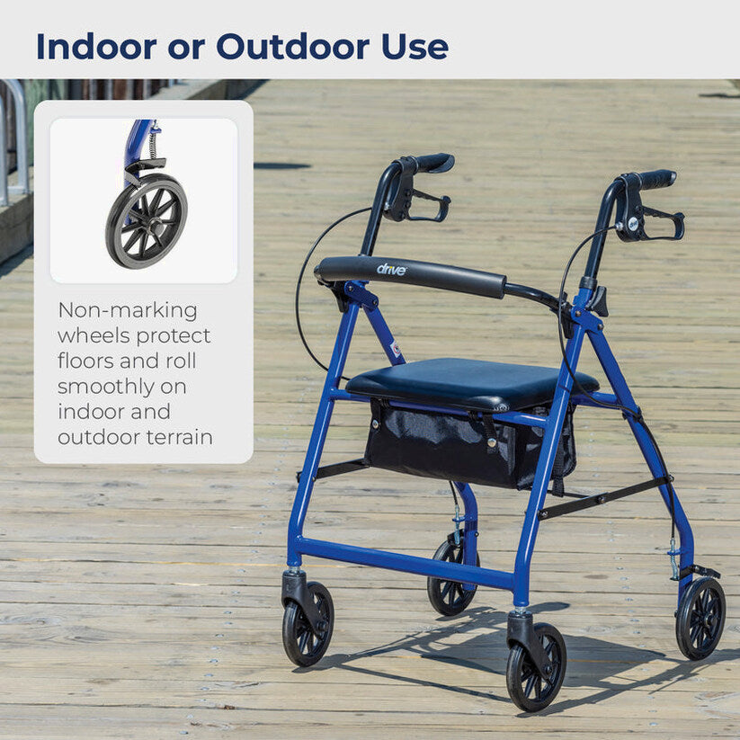 Drive Medical 4-Wheel Rollator Walker, Foldable, Padded Seat &amp; Backrest, 6-Inch Wheels, Blue