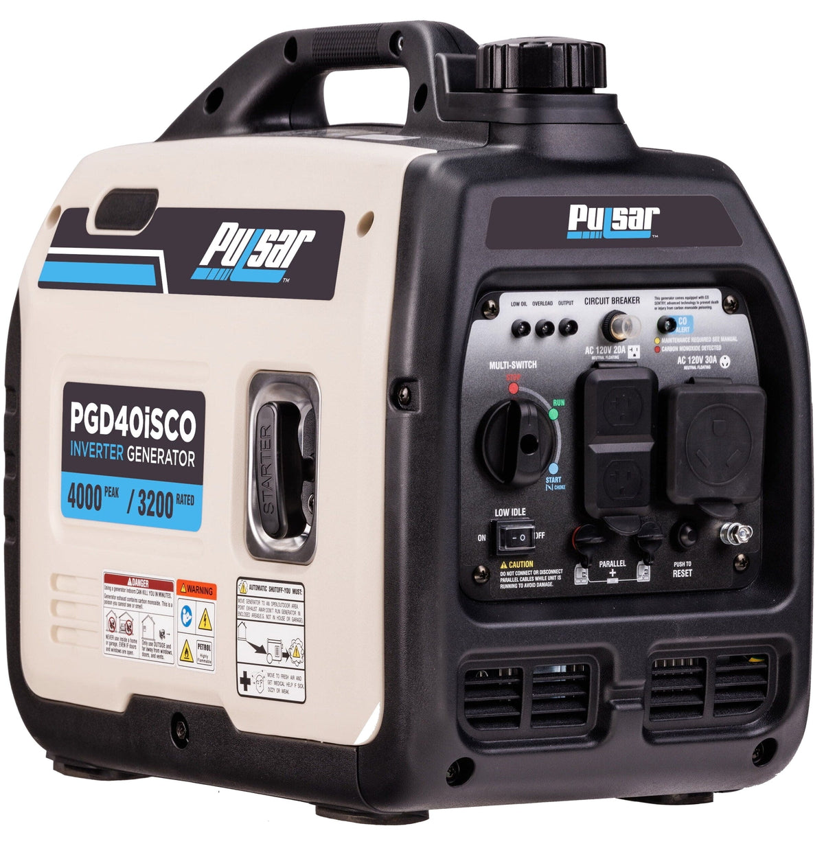 Pulsar 4000W Super Quiet Inverter Generator with CO Sentry, Portable, Safe for Electronics