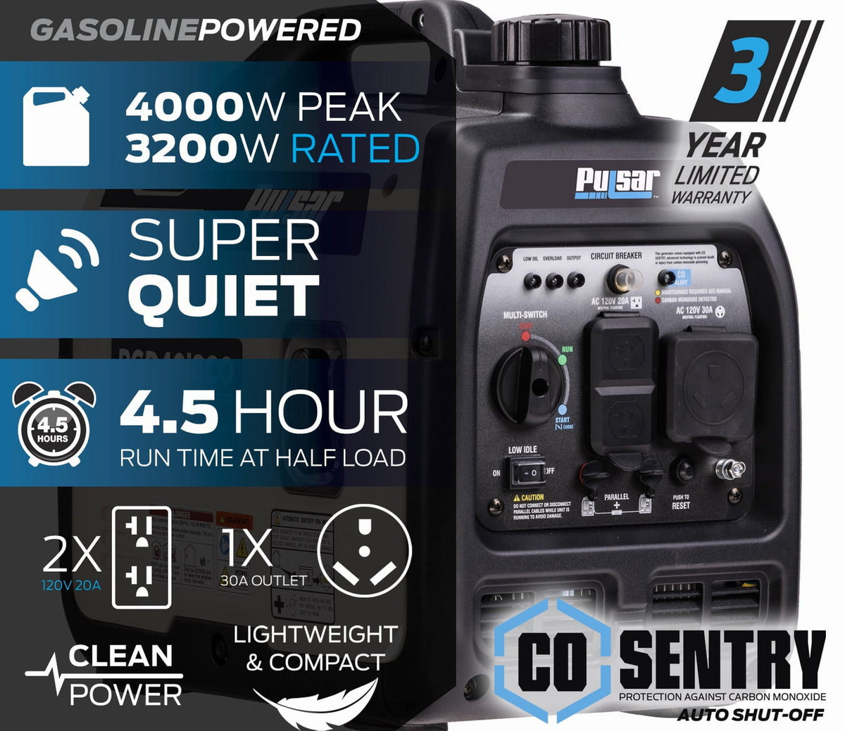 Pulsar 4000W Super Quiet Inverter Generator with CO Sentry, Portable, Safe for Electronics