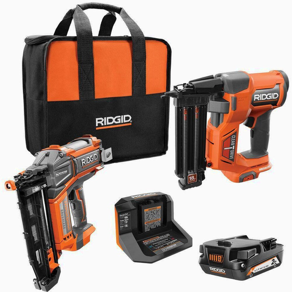 RIDGID 18V Brushless Cordless Nailer Combo Kit with Brad &amp; Finish Nailers, Battery &amp; Charger