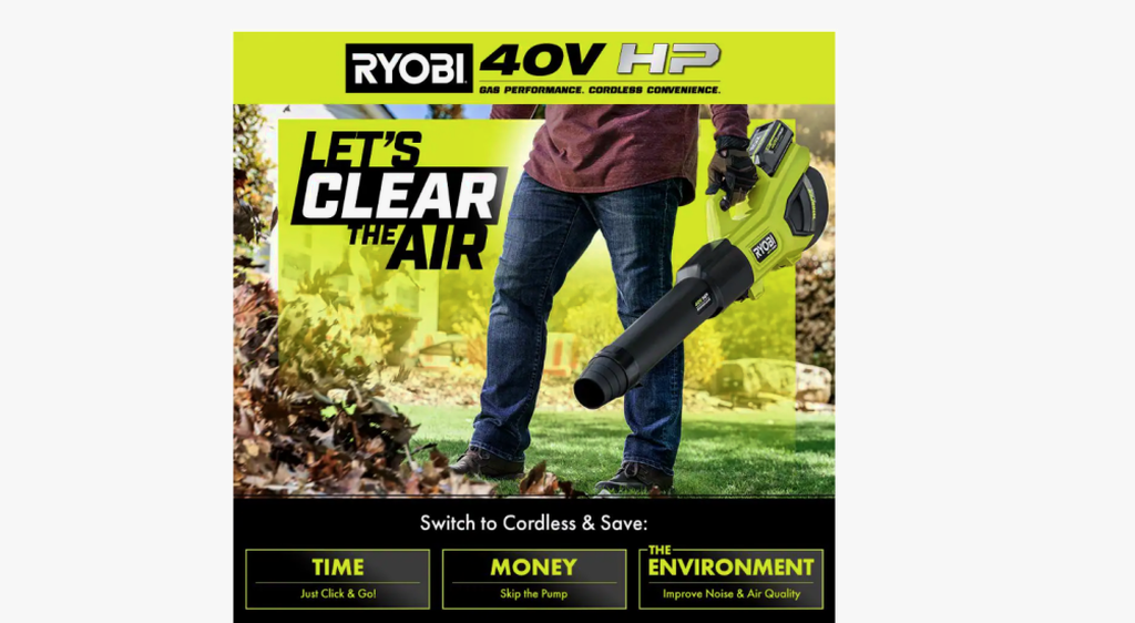 RYOBI 40V HP Brushless Cordless Leaf Blower, 730 CFM, 190 MPH, Includes 2x 4.0 Ah Batteries &amp; Charger, 57 dB Quiet