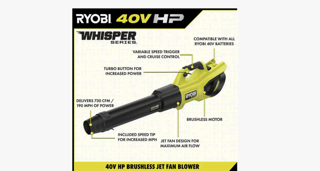 RYOBI 40V HP Brushless Cordless Leaf Blower, 730 CFM, 190 MPH, Includes 2x 4.0 Ah Batteries &amp; Charger, 57 dB Quiet