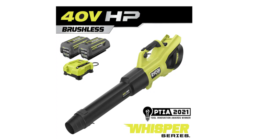 RYOBI 40V HP Brushless Cordless Leaf Blower, 730 CFM, 190 MPH, Includes 2x 4.0 Ah Batteries &amp; Charger, 57 dB Quiet