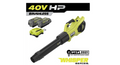 RYOBI 40V HP Brushless Cordless Leaf Blower, 730 CFM, 190 MPH, Includes 2x 4.0 Ah Batteries &amp; Charger, 57 dB Quiet
