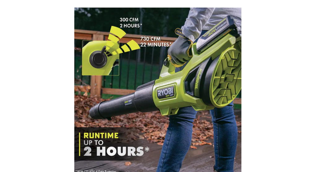 RYOBI 40V HP Brushless Cordless Leaf Blower, 730 CFM, 190 MPH, Includes 2x 4.0 Ah Batteries &amp; Charger, 57 dB Quiet