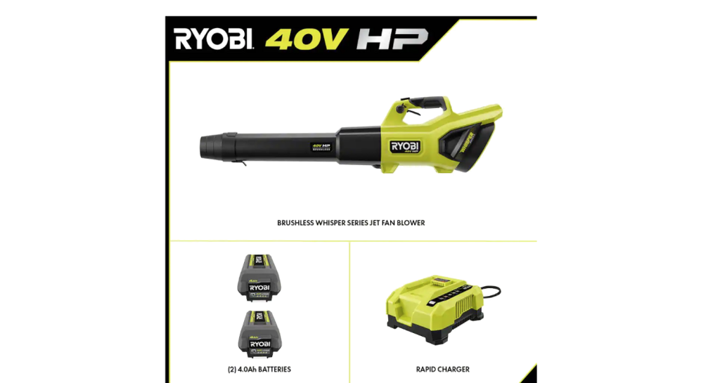 RYOBI 40V HP Brushless Cordless Leaf Blower, 730 CFM, 190 MPH, Includes 2x 4.0 Ah Batteries &amp; Charger, 57 dB Quiet