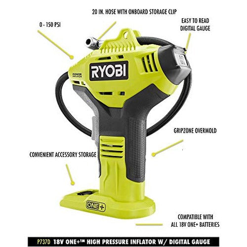RYOBI ONE+ Cordless Air Inflator with Digital Gauge, 18V Lithium-Ion Battery, Portable Tire Pump