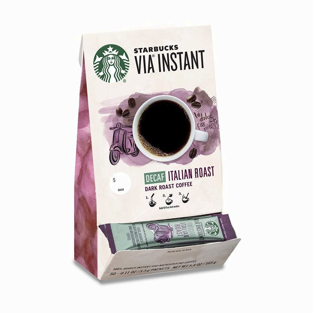 Starbucks VIA Instant Decaf Italian Roast Coffee, Dark Roast, 100% Arabica, 50 Packets