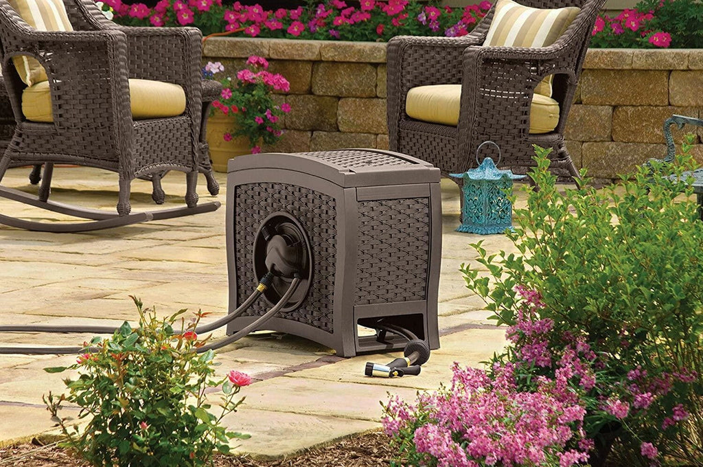 Suncast Aquawinder 125' Wicker Garden Hose Reel - Automatic Water-Powered Retractable, Java