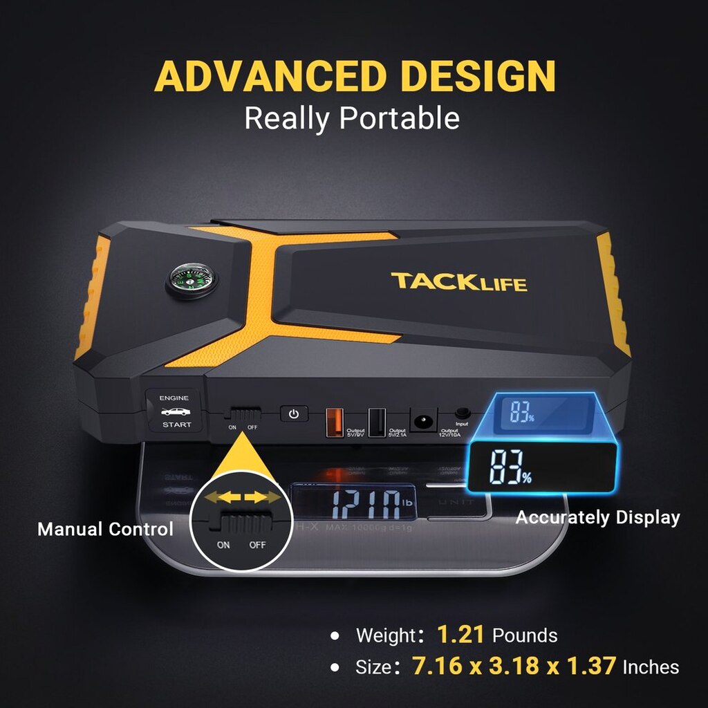 TACKLIFE T8 Car Jump Starter 800A 18000mAh for 7.0L Gas &amp; 5.5L Diesel, 12V Battery Booster with Quick Charge &amp; Safety Features