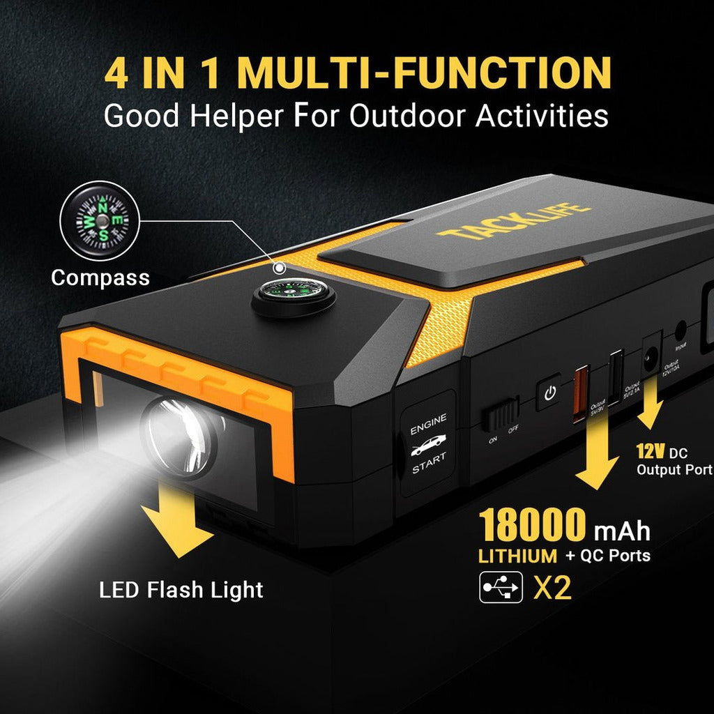 TACKLIFE T8 Car Jump Starter 800A 18000mAh for 7.0L Gas &amp; 5.5L Diesel, 12V Battery Booster with Quick Charge &amp; Safety Features