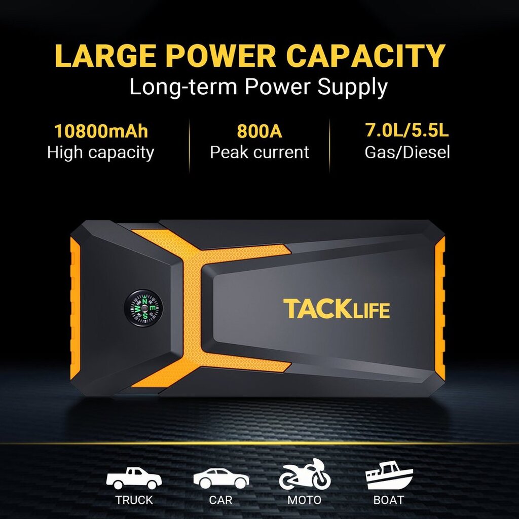 TACKLIFE T8 Car Jump Starter 800A 18000mAh for 7.0L Gas &amp; 5.5L Diesel, 12V Battery Booster with Quick Charge &amp; Safety Features
