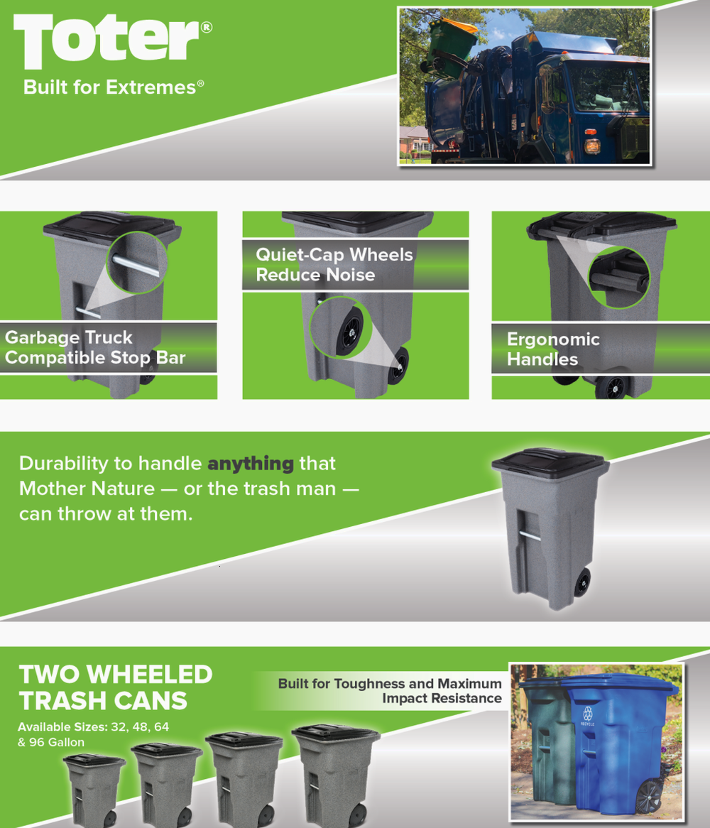 Toter 32 Gallon Greenstone Trash Can with Quiet Wheels &amp; Attached Lid - Durable Indoor/Outdoor Waste &amp; Recycling Container