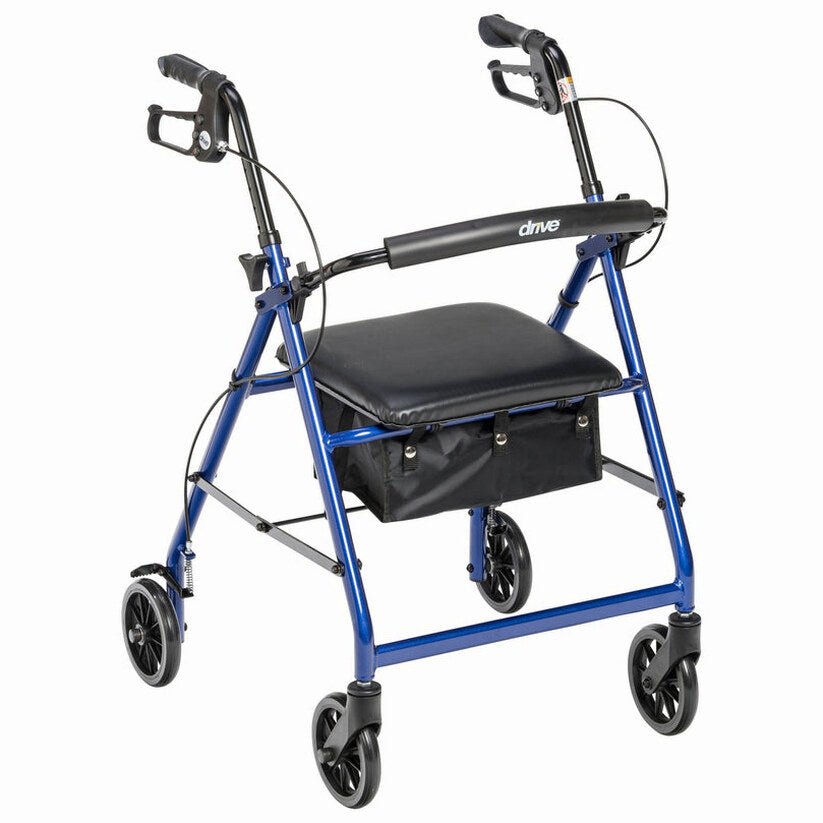 Drive Medical 4-Wheel Rollator Walker, Foldable, Padded Seat &amp; Backrest, 6-Inch Wheels, Blue
