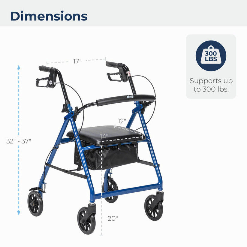 Drive Medical 4-Wheel Rollator Walker, Foldable, Padded Seat &amp; Backrest, 6-Inch Wheels, Blue