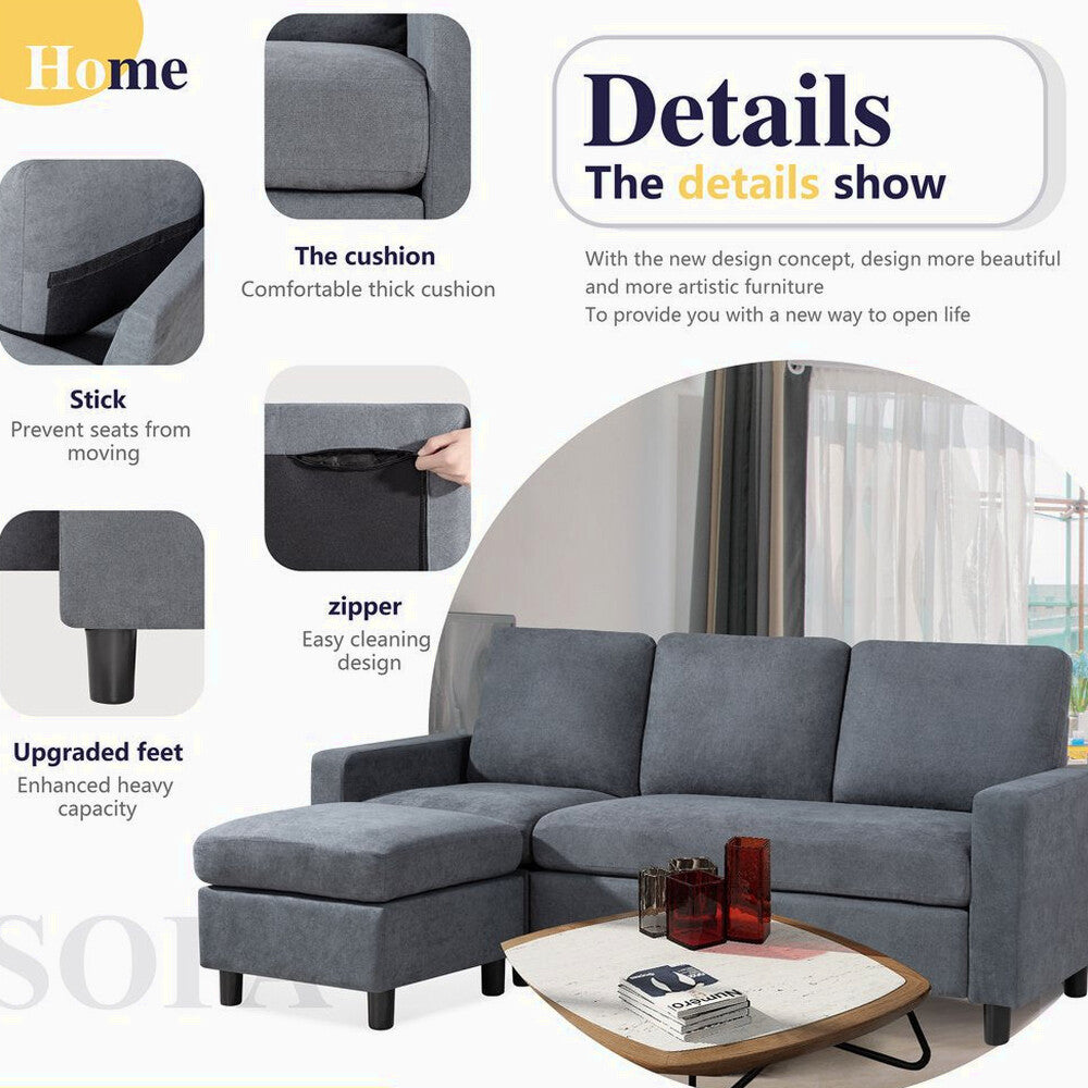 Walsunny Convertible Sectional Sofa, L-Shaped Linen Couch with Reversible Ottoman for Small Spaces