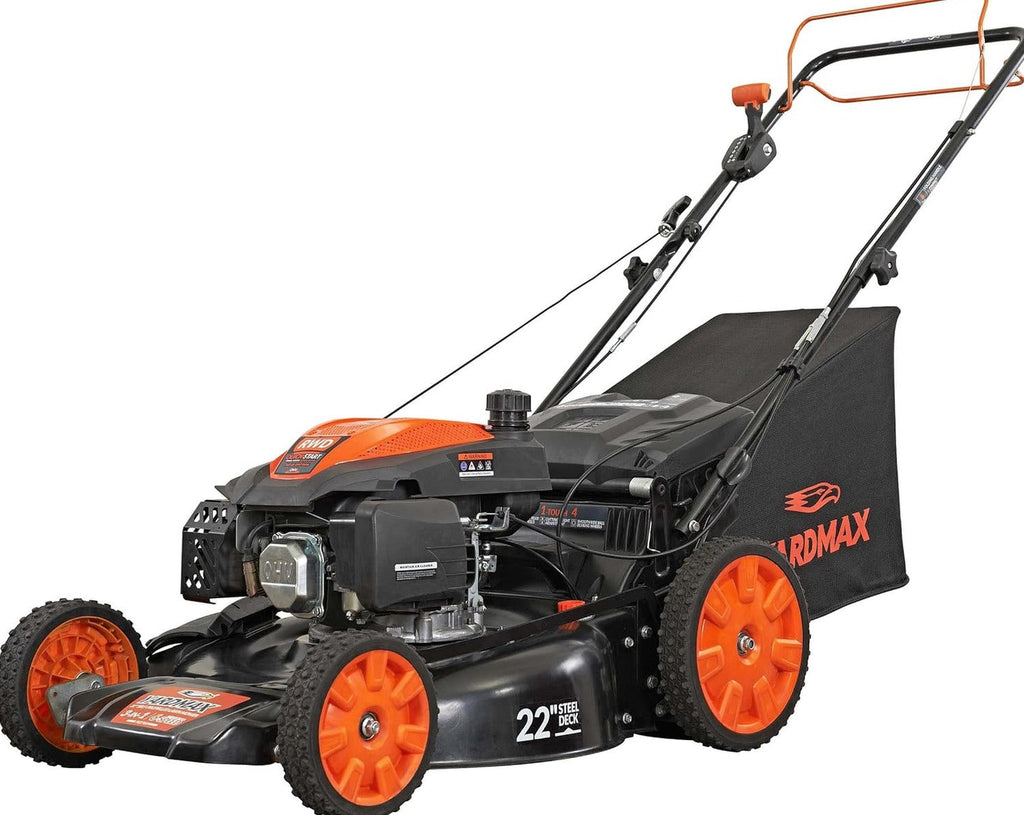 YARDMAX 22" Gas Self-Propelled Lawn Mower, 201cc, 6-Speed CVT, High Wheel RWD, 3-in-1, Black
