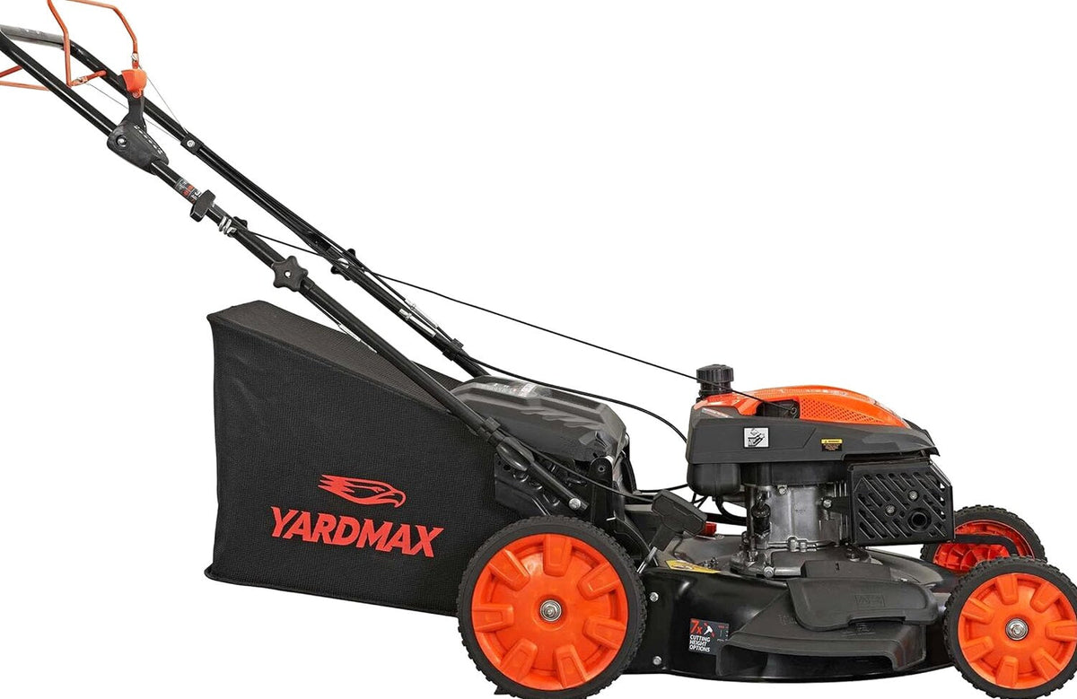 YARDMAX 22" Gas Self-Propelled Lawn Mower, 201cc, 6-Speed CVT, High Wheel RWD, 3-in-1, Black