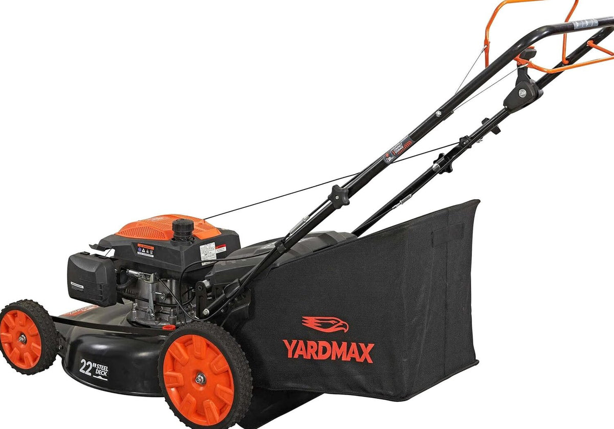 YARDMAX 22" Gas Self-Propelled Lawn Mower, 201cc, 6-Speed CVT, High Wheel RWD, 3-in-1, Black