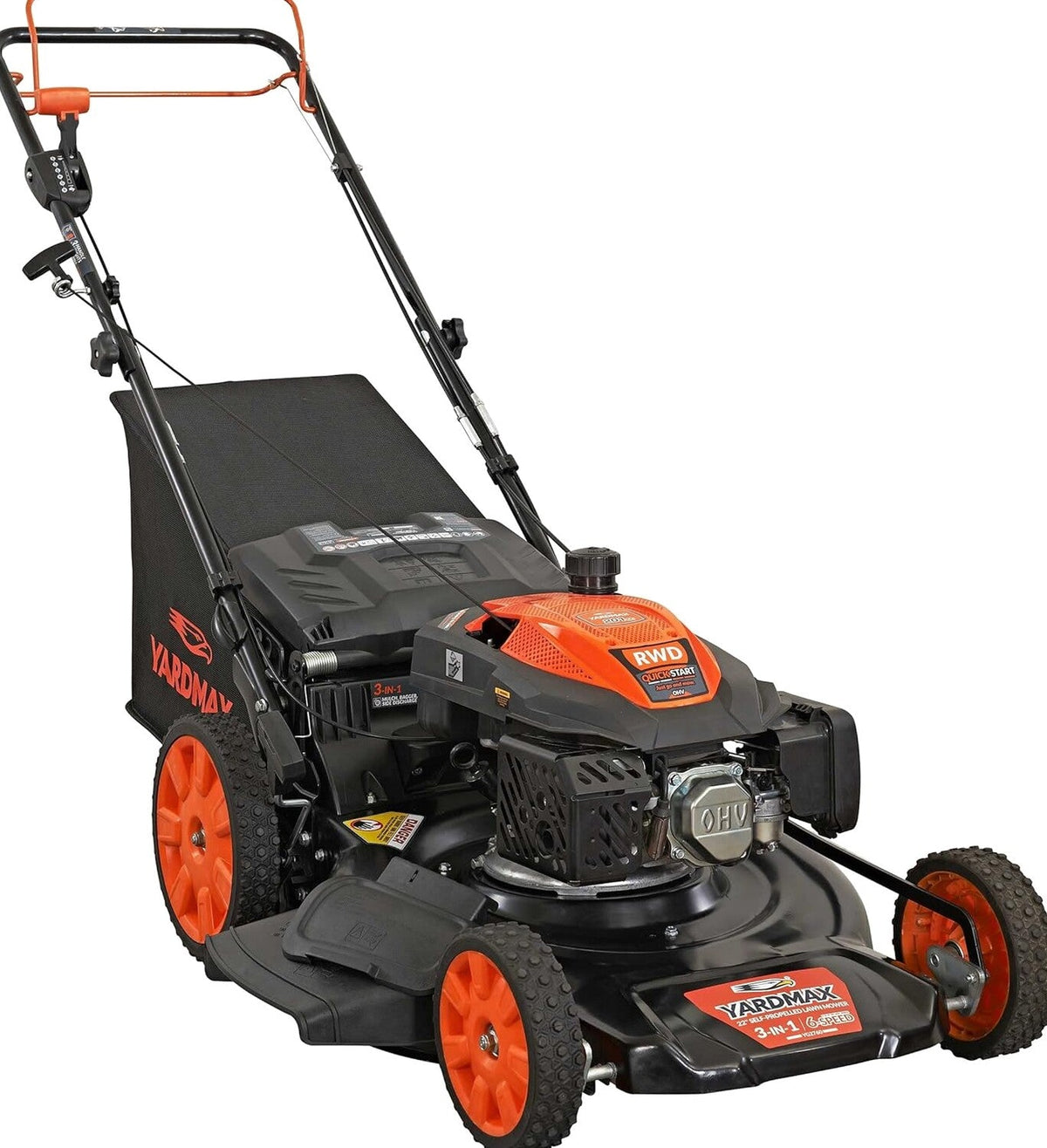 YARDMAX 22" Gas Self-Propelled Lawn Mower, 201cc, 6-Speed CVT, High Wheel RWD, 3-in-1, Black