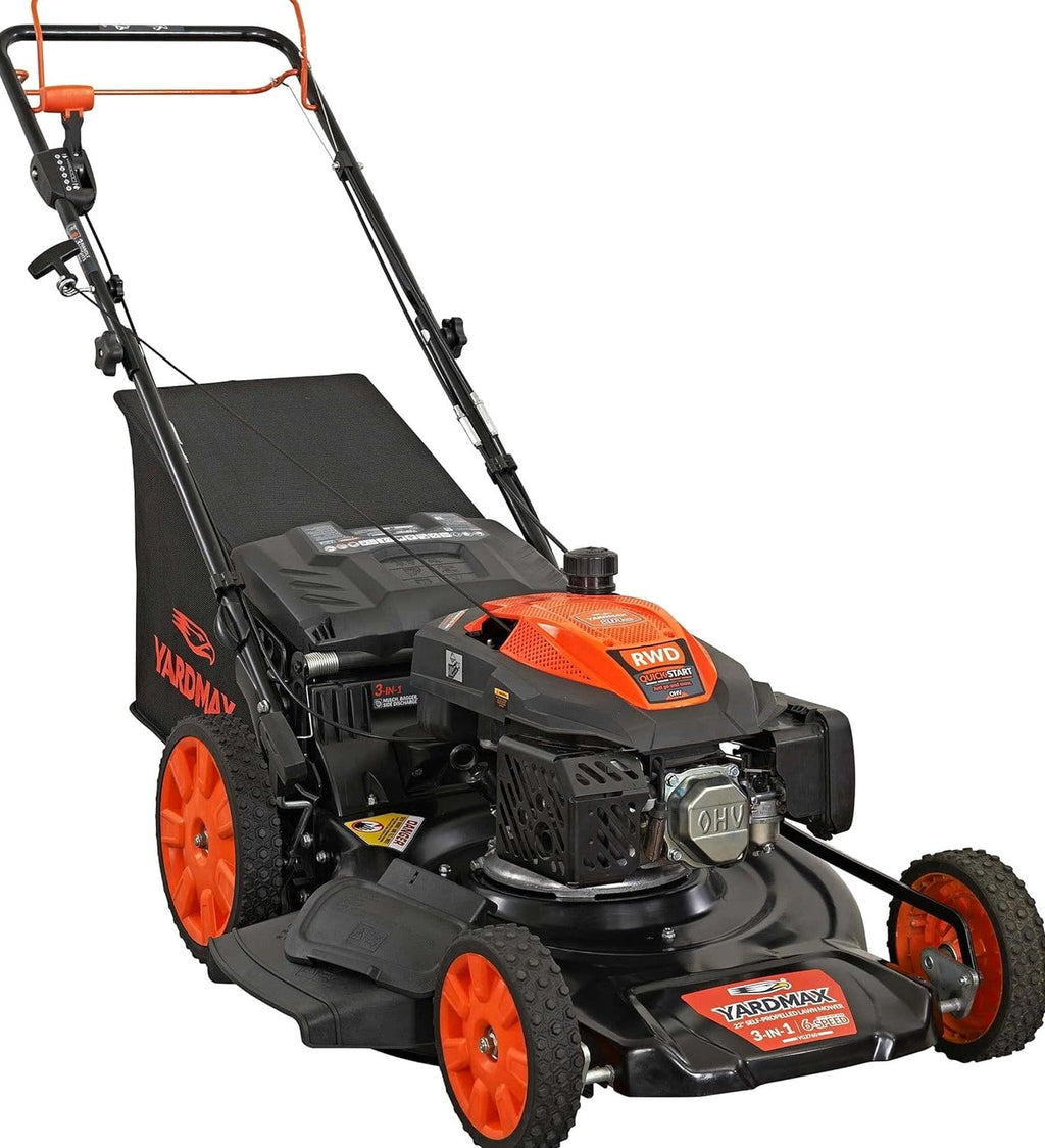 YARDMAX 22" Gas Self-Propelled Lawn Mower, 201cc, 6-Speed CVT, High Wheel RWD, 3-in-1, Black