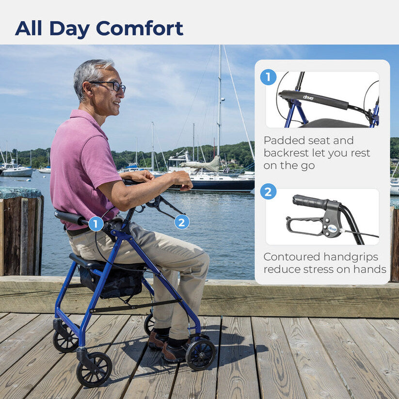 Drive Medical 4-Wheel Rollator Walker, Foldable, Padded Seat &amp; Backrest, 6-Inch Wheels, Blue