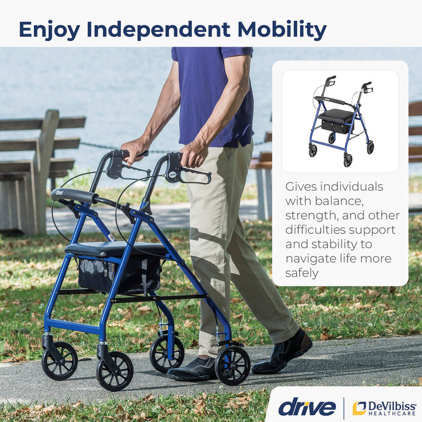 Drive Medical 4-Wheel Rollator Walker, Foldable, Padded Seat &amp; Backrest, 6-Inch Wheels, Blue